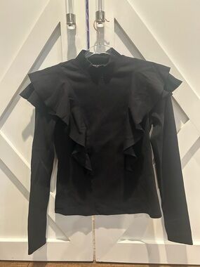 Veronica Beard Black Ruffle-Front Long Sleeve Top (size small)